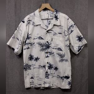 Palmwave Palm Tree Ocean Print Hawaiian Shirt Men L White Black Coastal Vacation
